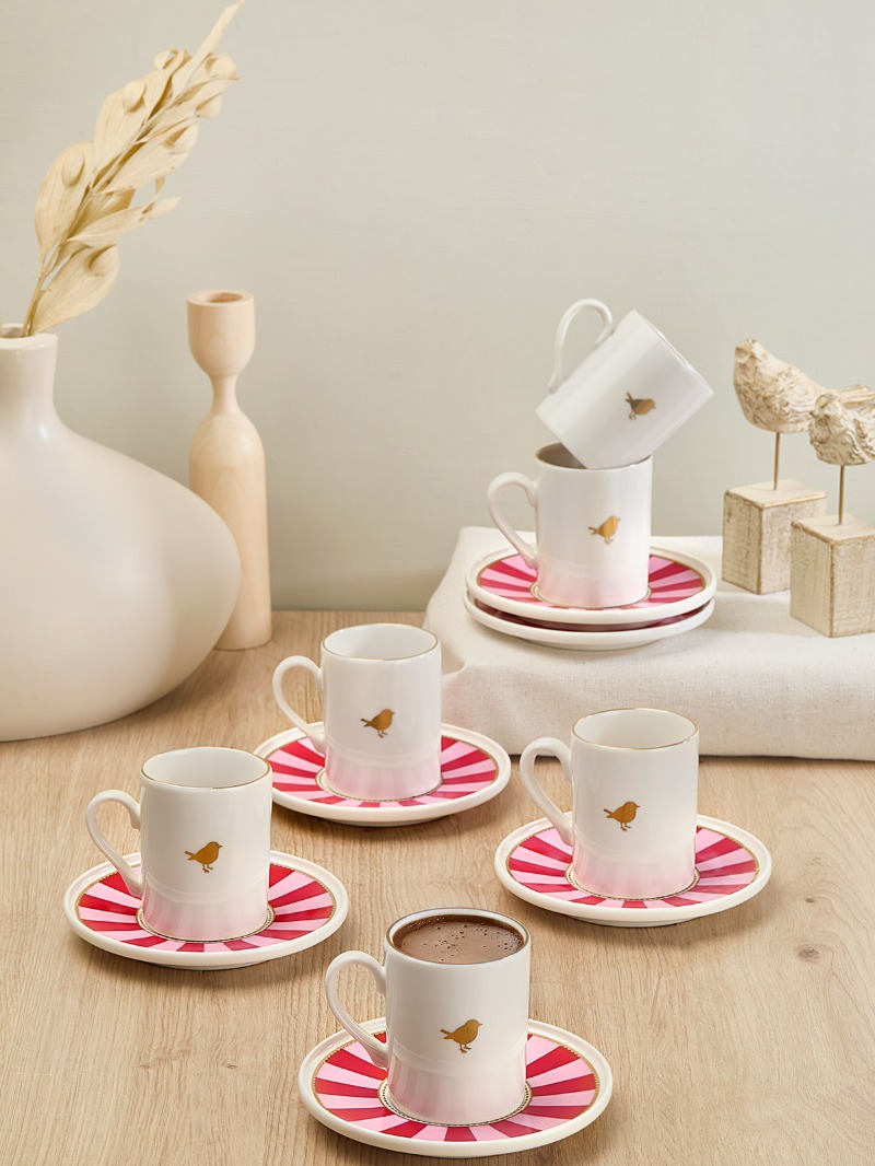 Kitchen Life 6 Kişilik Lovely Birds Porselen Altın Yaldızlı Kahve Fincanı Takımı - Gold Kuşlu Kahve Fincanı