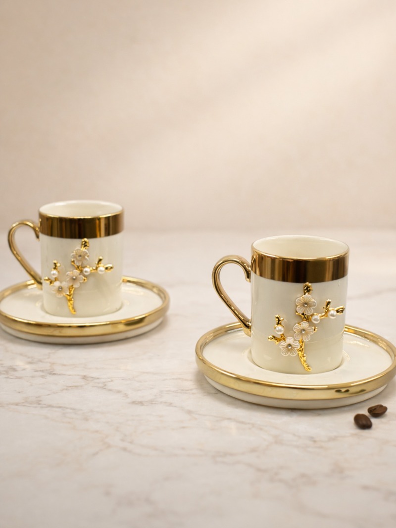YzHome 2 Kişilik Lüks Beyaz Gold Yaldızlı İnci Lotus Dallı Kahve Fincan Takımı Seti 100ml görsel 4