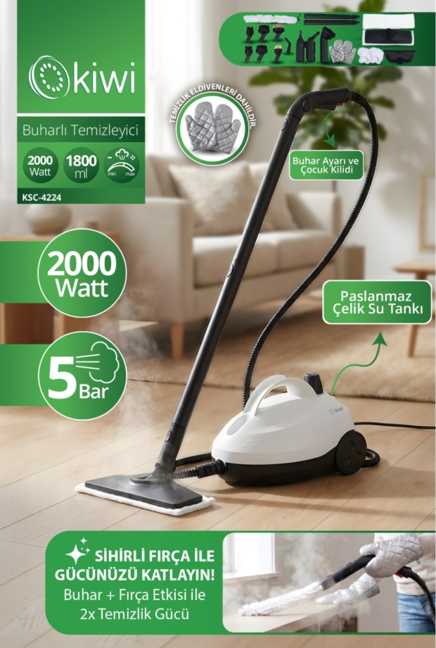 Kiwi 2000 W 5 Bar Buharlı Temizlik Makinesi Buharlı Toz Alma Fırçası Turbo Döner Başlık Ksc- 4224