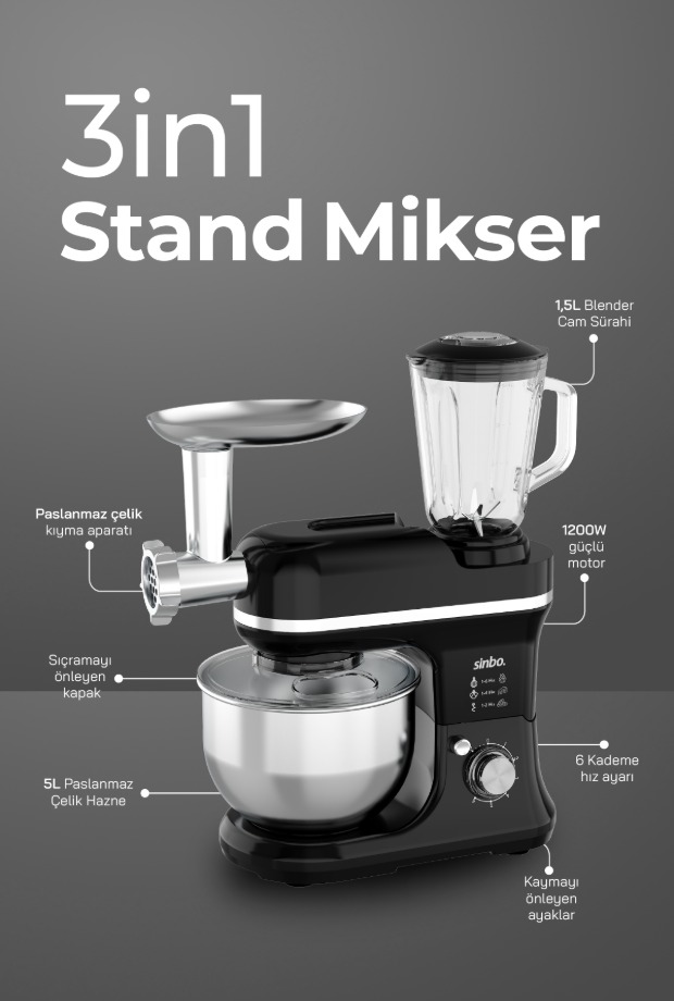 Sinbo SMX-2772 Çok Amaçlı Mutfak Şefi ( Hamur - Kıyma - Blender Makinesi)- görsel 2