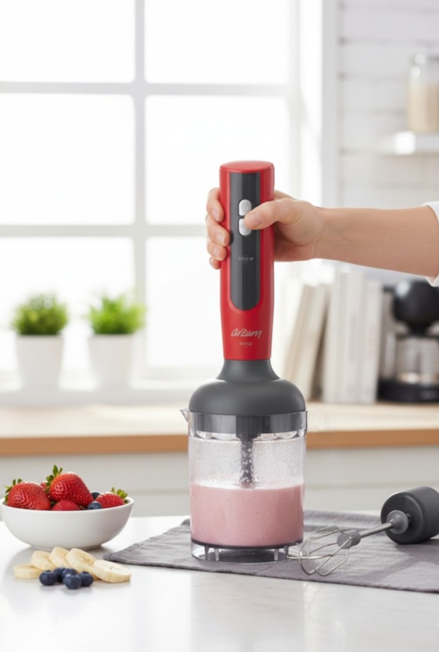 Arzum AR1092 Mano 1700W Turbo El Blender Seti Paslanmaz Çelik Bıçak, Doğrayıcı & Çırpıcı – Kırmızı görsel 2