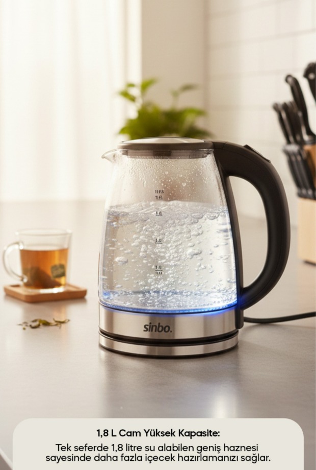 Sinbo SK-8033 Cam Mavi LED Aydınlatmalı Kablosuz Su Isıtıcı Kettle görsel 2