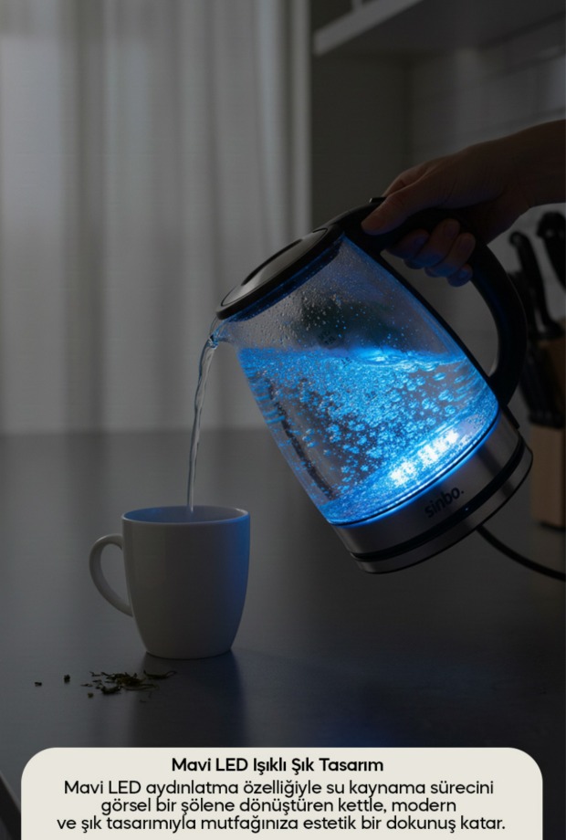 Sinbo SK-8033 Cam Mavi LED Aydınlatmalı Kablosuz Su Isıtıcı Kettle görsel 4