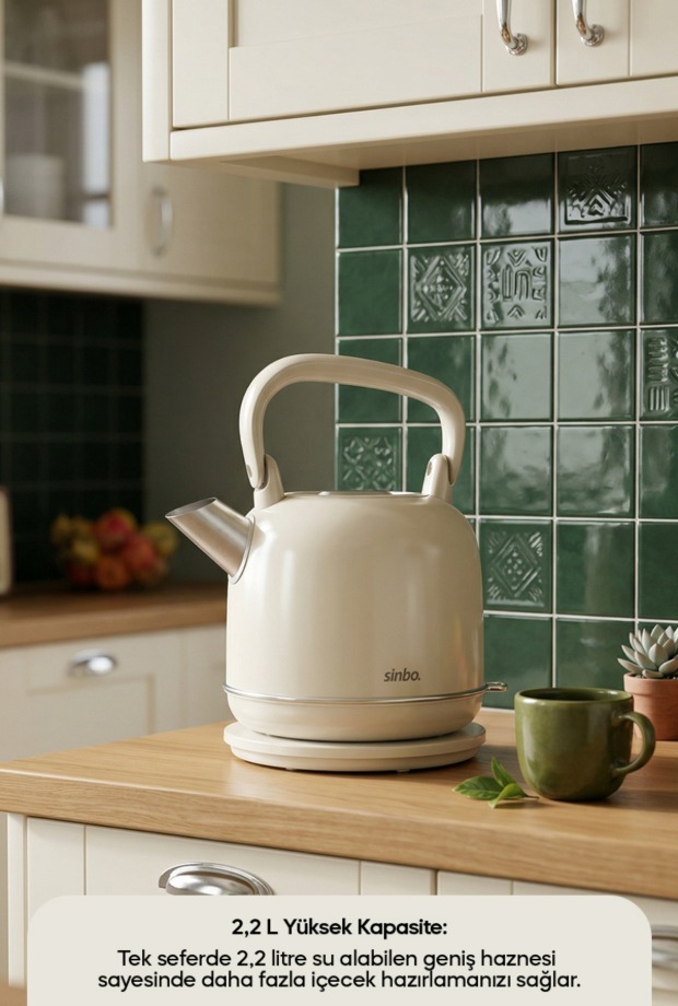 Sinbo SK-8035 Bej Retro Kettle 2.2L Paslanmaz Çelik Elektrikli Su Isıtıcı 360° Kablosuz 1800W görsel 2