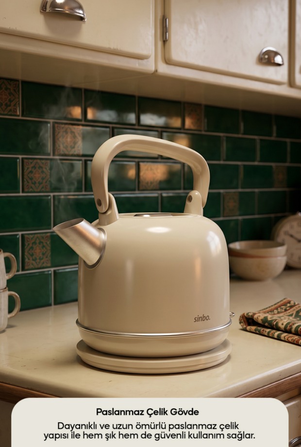 Sinbo SK-8035 Bej Retro Kettle 2.2L Paslanmaz Çelik Elektrikli Su Isıtıcı 360° Kablosuz 1800W görsel 4