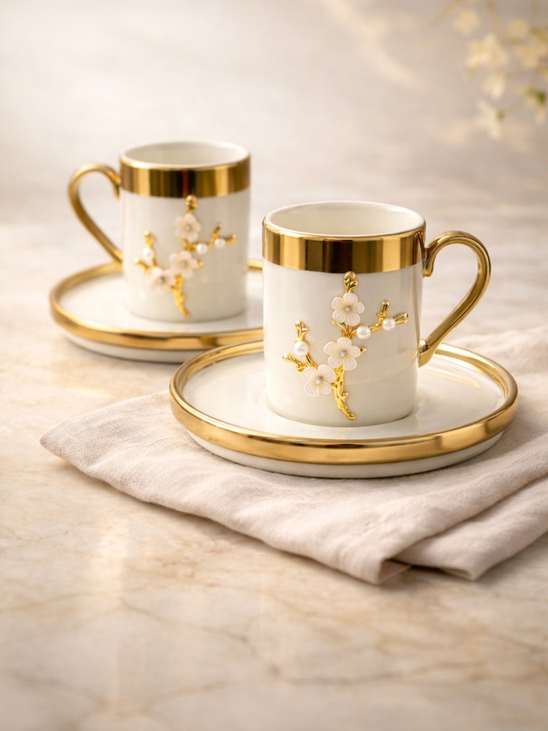 YzHome 2 Kişilik Lüks Beyaz Gold Yaldızlı İnci Lotus Dallı Kahve Fincan Takımı Seti 100ml