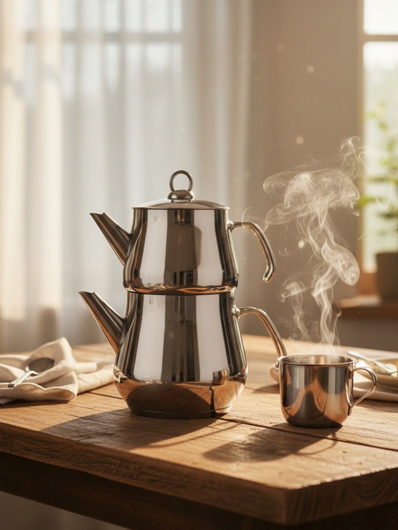 YUNUSOĞLU HOME Aletta Büyük Boy Paslanmaz Çelik Çaydanlık Metal Kulp Aile Boy Kullanım 1.6 Litre+2.5 Litre