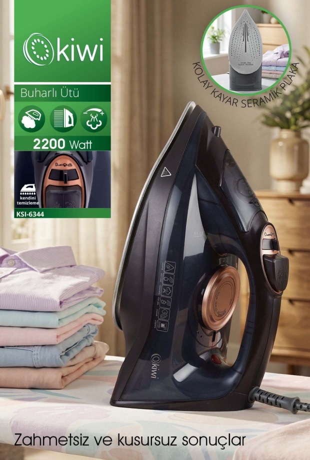 Kiwi KSI-6344 Buharlı Ütü | 2200 Watt, Seramik Taban, 90g Şok Buhar, 220ml Su Haznesi