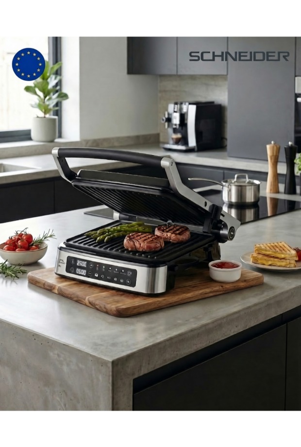 Schneider 2000W Izgara ve Tost Makinasi - Tam Açılır ve Dijital Göstergeli