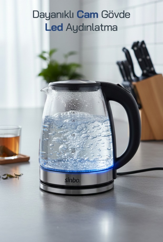 Sinbo SK-8033 Cam Mavi LED Aydınlatmalı Kablosuz Su Isıtıcı Kettle