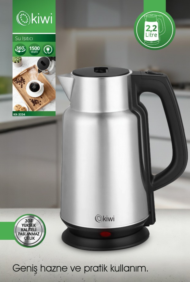 Kiwi KK-3334 Su Isıtıcı | 2.2L Paslanmaz Çelik, 360° Kablosuz, Gizli Rezistans