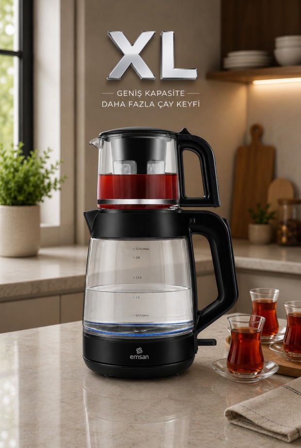 Emsan Glass Tea XL 2 in 1 Cam Çay Makinesi ve Kettle Shiny Black