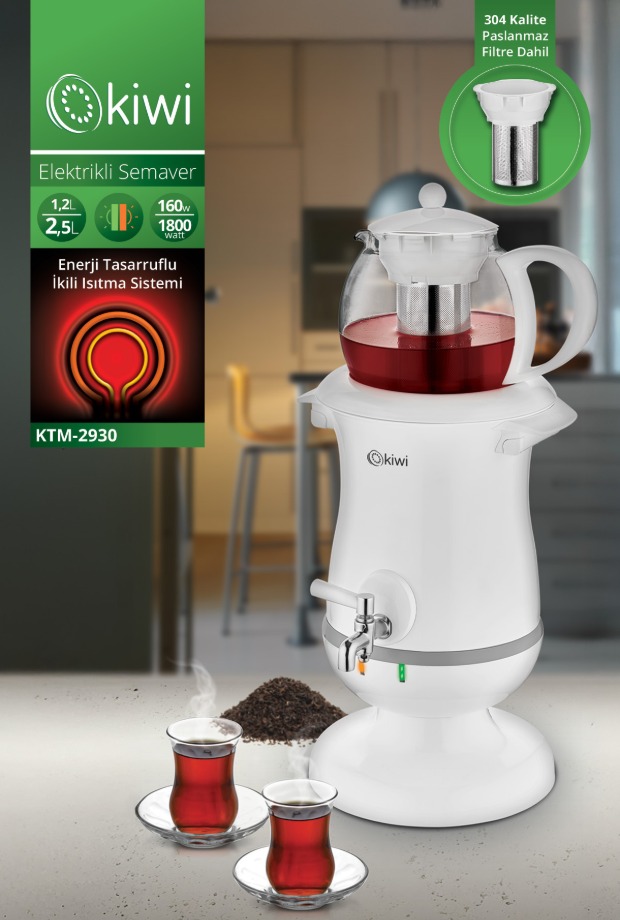 Kiwi Ktm-2930 2,5 Lt Su Isıtma Kapasiteli Cam Demlikli Elektrikli Semaver & Çay Makinesi